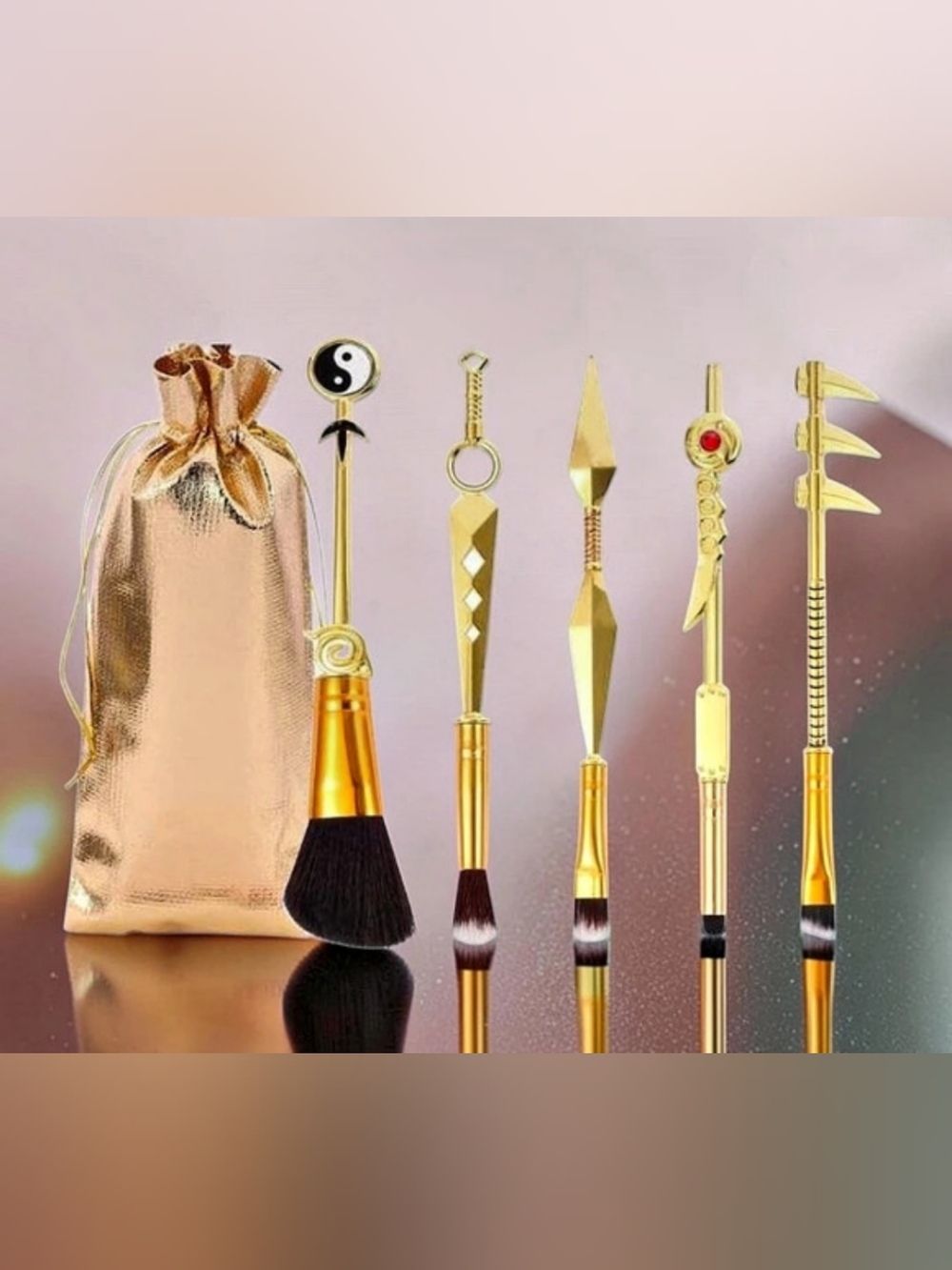 Unbranded Naruto Anime Metal Makeup Brush Set - 5 Piece Gold Edition NEW